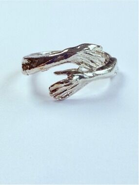 3D Hugging Hands 925 Sterling Silver Avery Stacking Cuff Band VTG Novelty Ring
